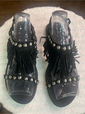 Angels Black Fringe Sandals with Silver Studs